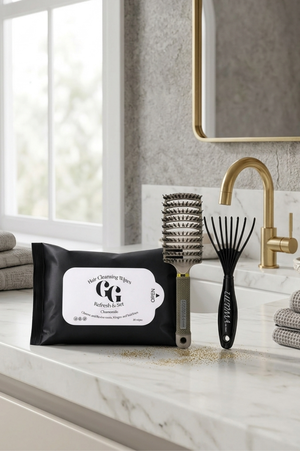 Ultima Complete Hair Kit with Signature Gold Brush, hair cleansing wipes, and brush cleaner - full hair care routine for shine and scalp health.