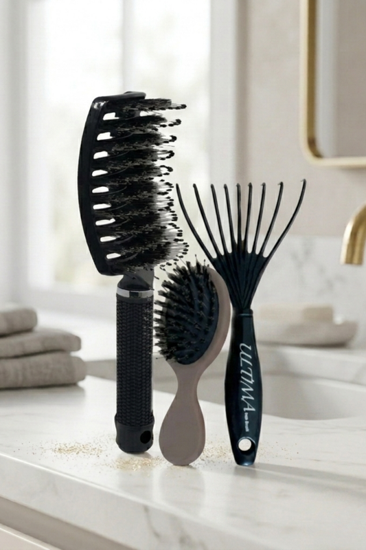 Ultima Black Complete Set with full-size brush, mini brush, and cleaner tool - total hair styling and brush hygiene kit.