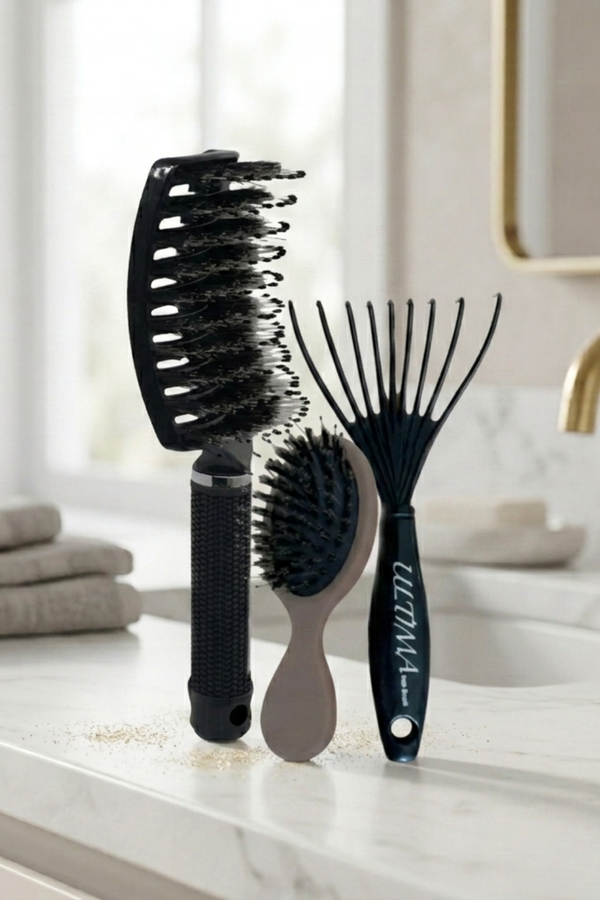Ultima Black Complete Set with full-size brush, mini brush, and cleaner tool - total hair styling and brush hygiene kit.