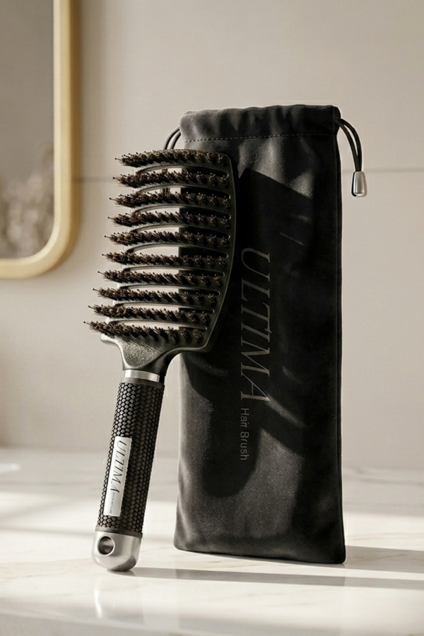 Ultima Signature Gold Detangling Brush with a vented design for fast wet and dry hair styling and gentle scalp massage.