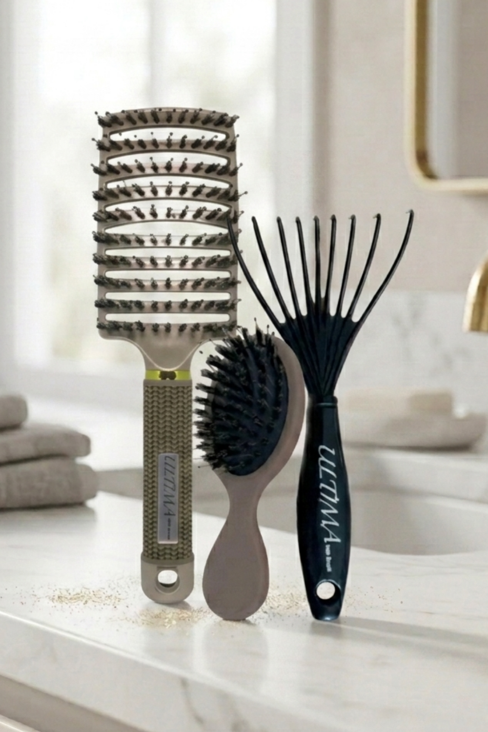 Ultima Gold Complete Set including full-size brush, mini brush, and cleaner tool - premium hair styling and brush hygiene kit.